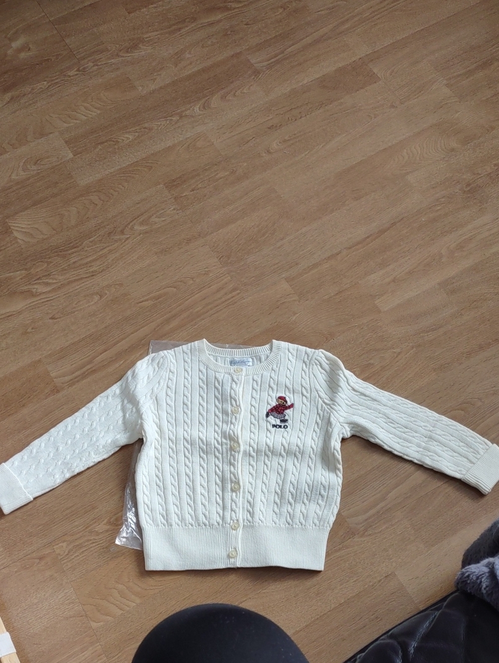Polo by Ralph Lauren Cream Cable-Knit Button Cardigan with Embroidered Bear
